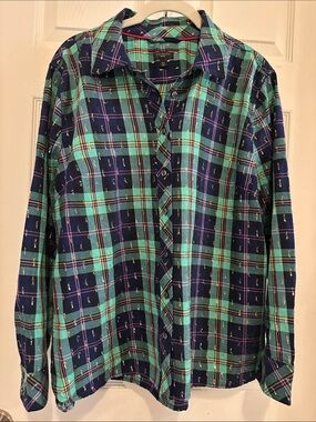 Talbots Teal and Purple Plaid Button-Down Shirt Gold Accents